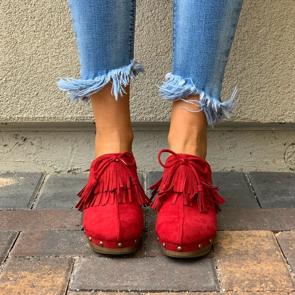 Ruby Red Fringe Tassel Studs Accent Mule Clog - Picture 3 of 8
